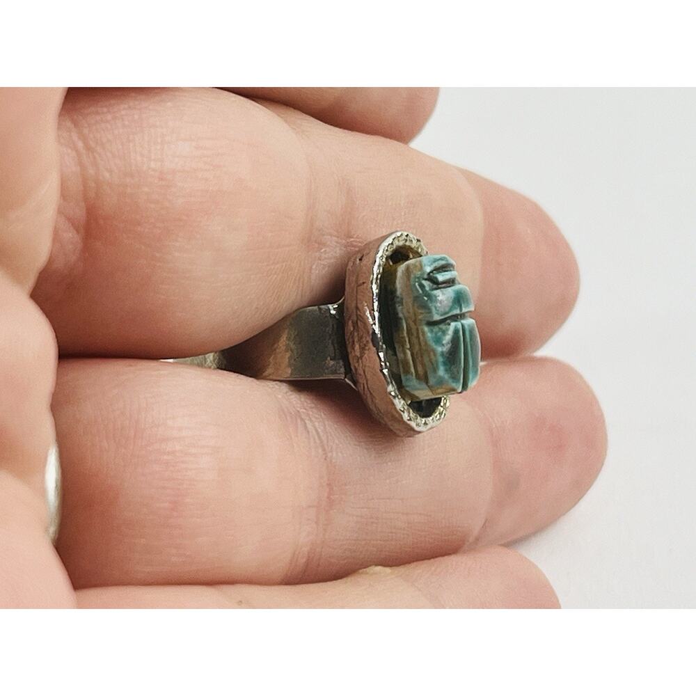 Scarab Silver Ring Egyptian Revival Estate Jewelry Blue Adjustable Bead Ethnic - Picture 10 of 13